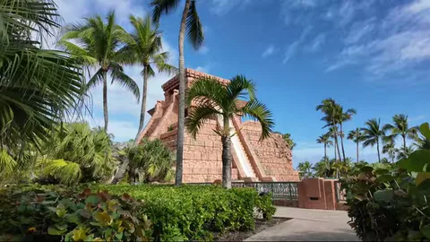 Temple-style waterslide structure surrounded by palms at Aquaventure